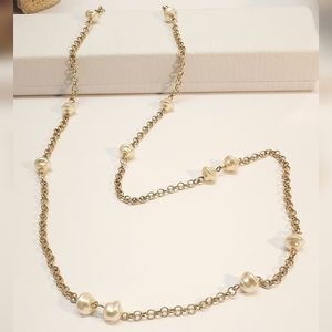Simple Gold Tone Chain Link Faux Pearl Beaded Necklace Long Layer Necklace